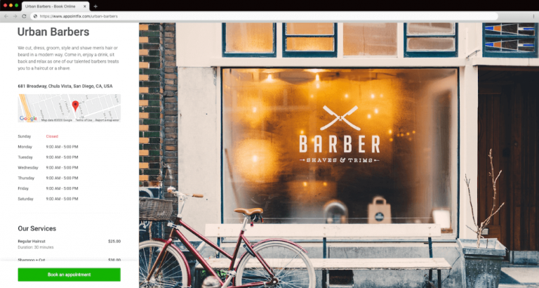 Barbershop Online Booking page in Appointfix
