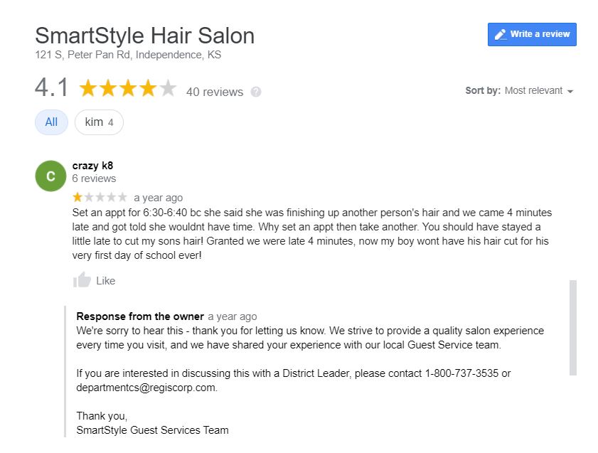 hair salon negative review response