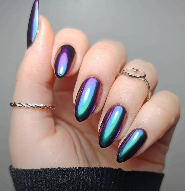 purple and green metallic long nails