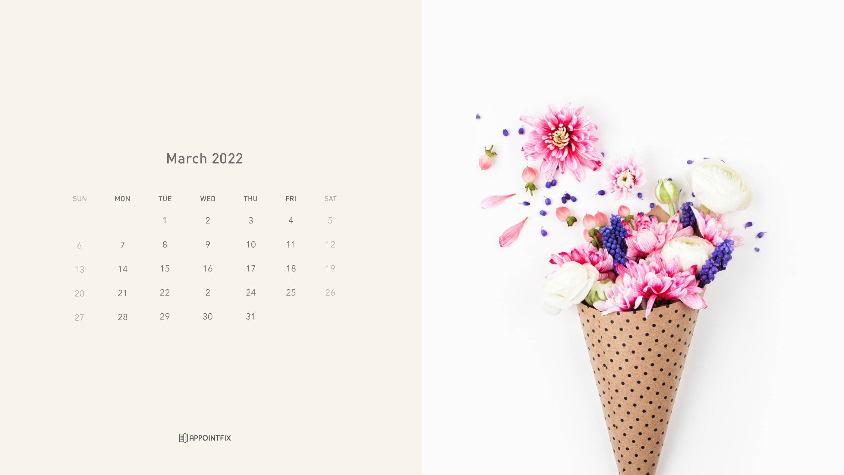 beige cute calendar March 2022